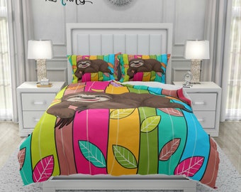 Cute Lilac Sloth Leaf Animal Printed Teen Duvet Cover Quilt Linen Bedding Set