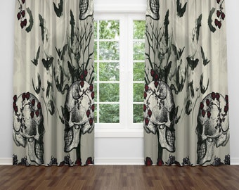 Indian Dead Skull Roses Curtains Black And White Hippie Window