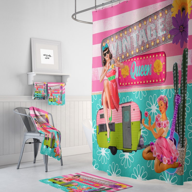 Vintage Queen Glam Campers Shower Curtain Retro Collage Optional Bath Towels Mat