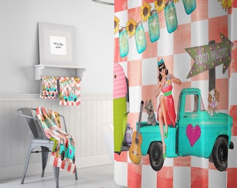 Retro Girl Truck Shower Curtain: Vintage Collage Bathroom Decor