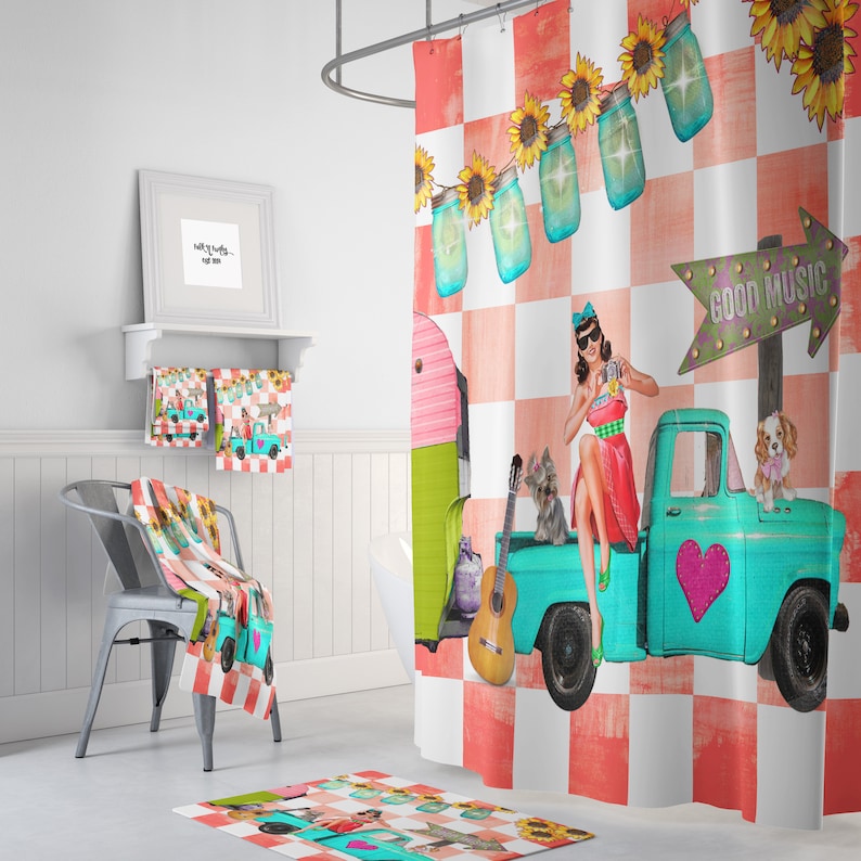 Retro Girl Shower Curtain Retro Collage Optional Bath Etsy
