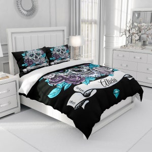 Personalized Sugar Skull Bedding Custom Name Black and Teal Skull Comforter Or Duvet Cover Pillow Shams Christmas, Birthday Gift image 2