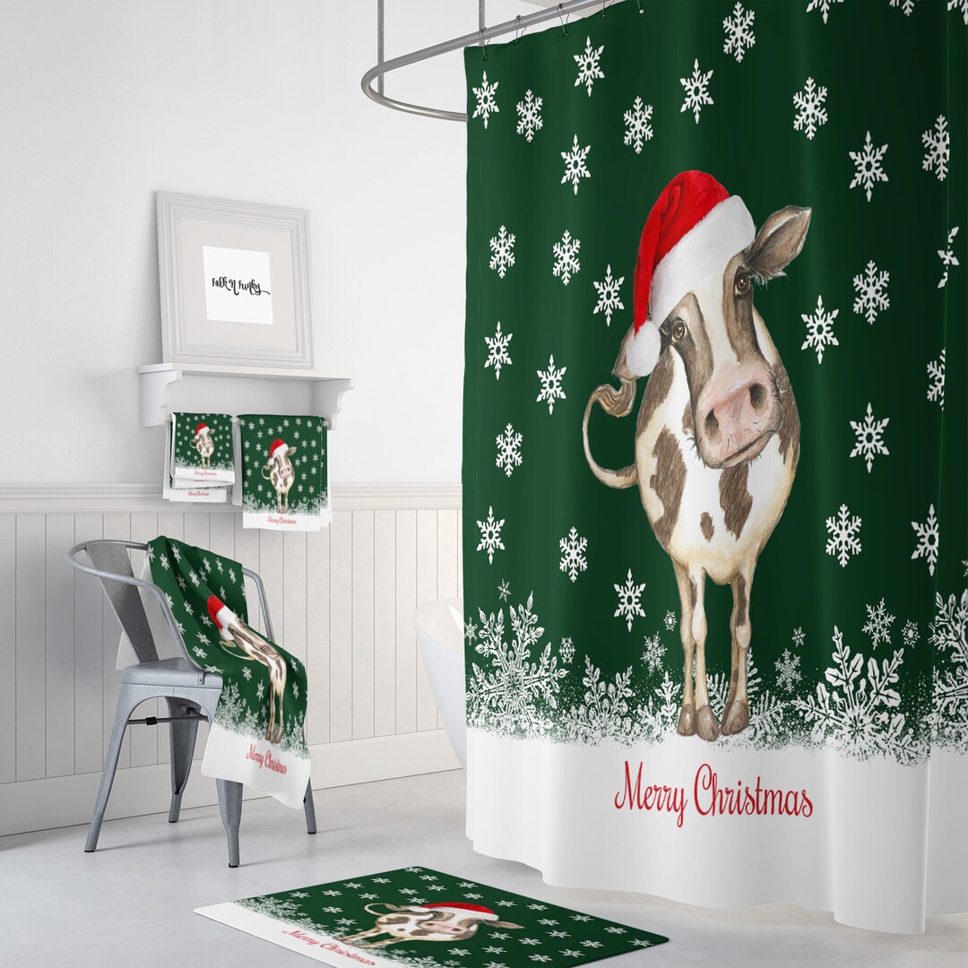 Christmas Cow Bathroom Set, Shower Curtain , Bath Mat, Bath Towels ...