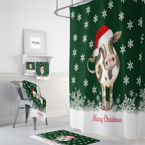 Christmas Cow Bathroom Set, Shower Curtain , Bath Mat, Bath Towels, Hand Towels