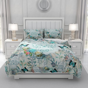 Sugar Skull Bedding | Comforter or Duvet Cover Set | Twin, Full, Queen, King Size | Teal Skulls and Butterflies