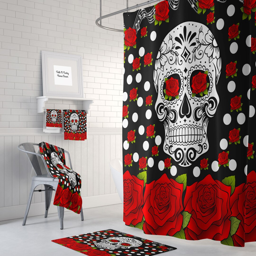 Sugar Skull Shower Curtain , Day of the Dead , Red Roses , Bath Mat ...