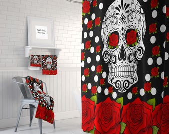 Sugar Skull Shower Curtain , Day Of The Dead , Red Roses , Bath Mat , Bath Towels , Sugar Skull Bath Set