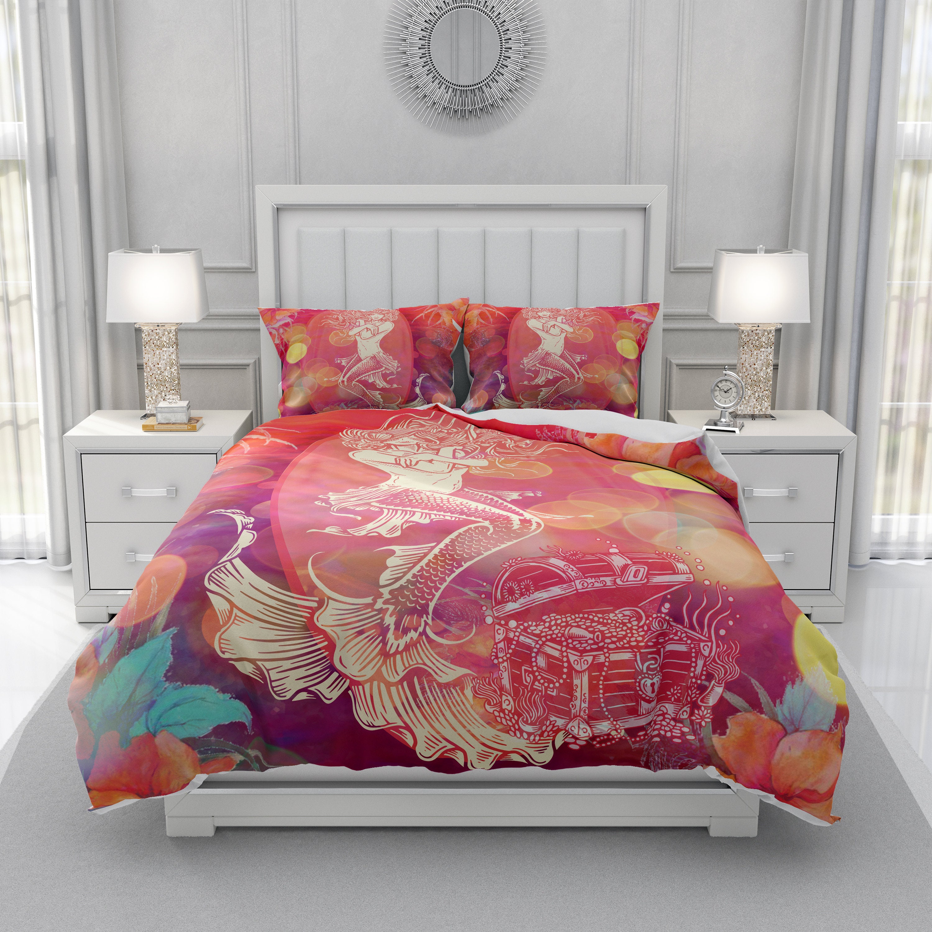 Tropical Mermaid Bedding, Mermaid Comforter, Duvet Cover, Pillow Shams