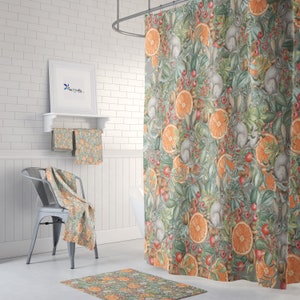 Rabbit Patch Floral Shower Curtain, Bath Mat, Towel Options