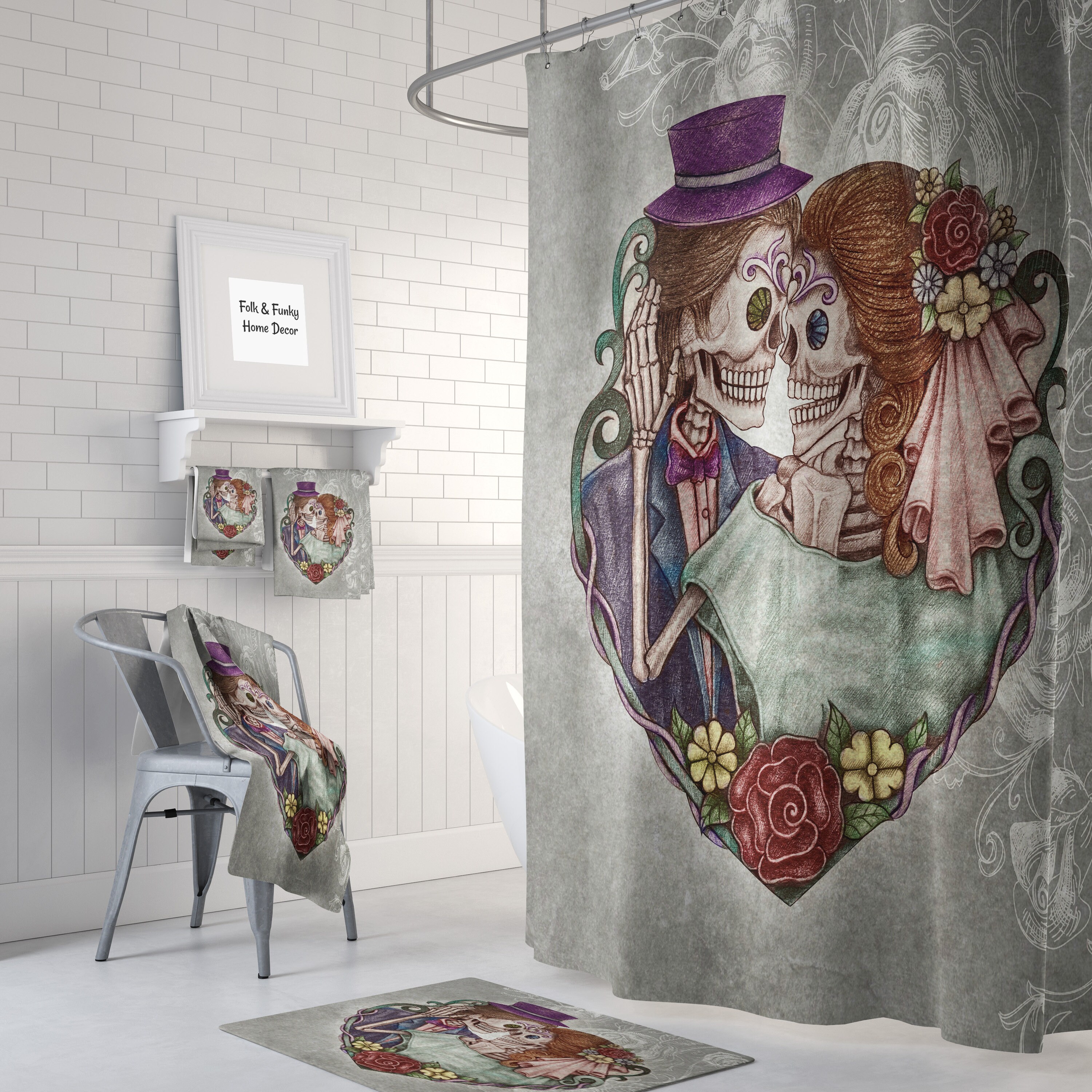 Skull Couple Shower Curtain Sugar Skull Bathroom Decor Day Etsy
