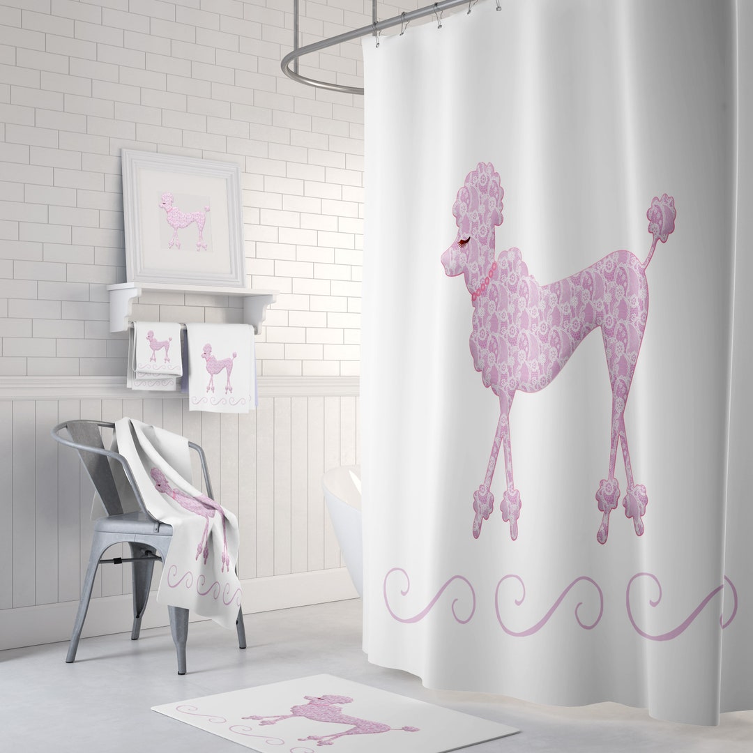 Retro Pink Poodle Shower Curtain, Bath Mat, Towels, Black and White