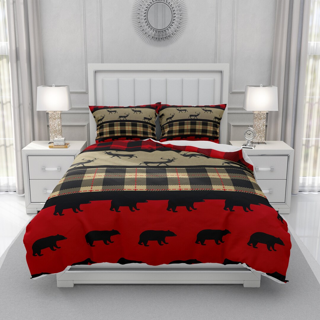 Rustic Bedding, Lumberjack Plaid Woodland Animals, Comforter, Duvet