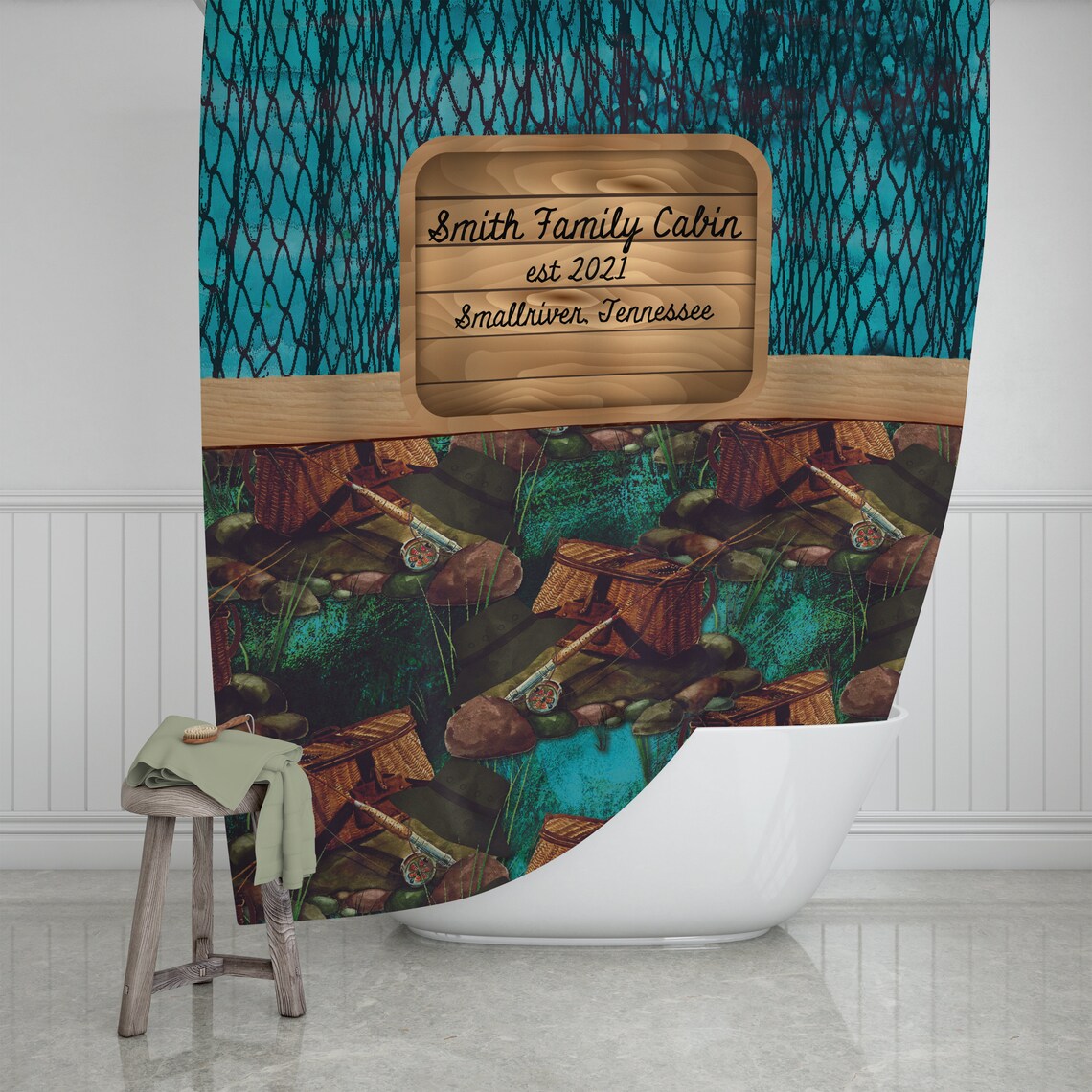 Personalized Shower Curtain Lodge Cabin Fishing Theme Optional Etsy