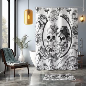 Sugar Skull Couple Shower Curtain – Gothic Bathroom Decor – Day of the Dead Bath Curtain – Dark Romance Skeleton Art – Folk N Funky image 1