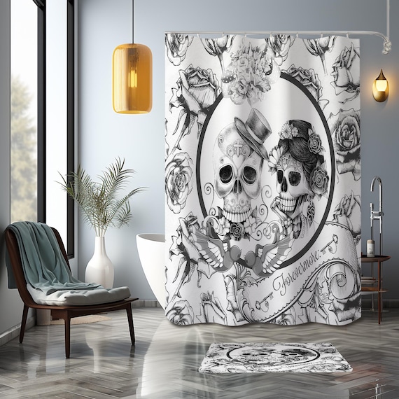 Sugar Skull Couple Shower Curtain – Gothic Bathroom Decor – Day of the Dead Bath Curtain – Dark Romance Skeleton Art – Folk N Funky