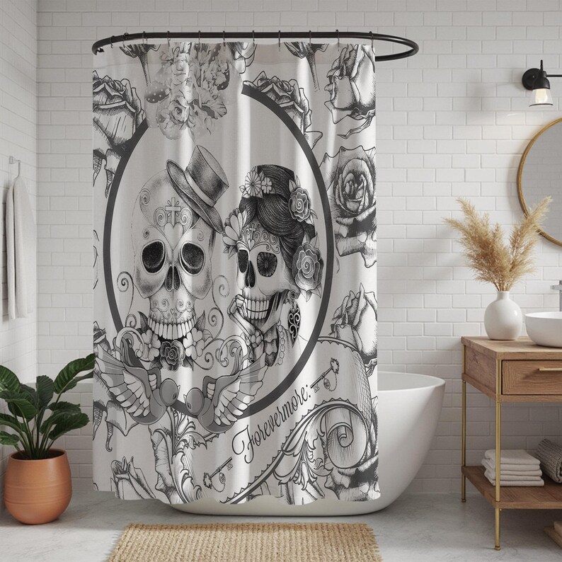 Sugar Skull Couple Shower Curtain – Gothic Bathroom Decor – Day of the Dead Bath Curtain – Dark Romance Skeleton Art – Folk N Funky image 5