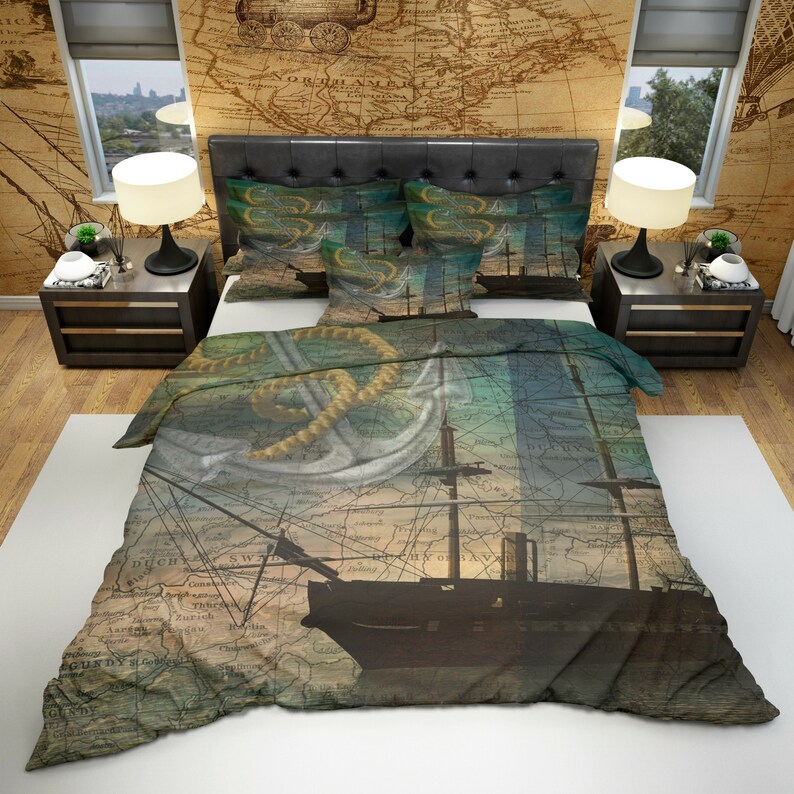 Bedding Vintage Nautical Old Ship Comforter Duvet Cover Etsy