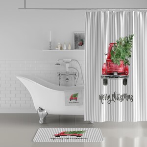 Red Truck Decor, Christmas Shower Curtain, Holiday Bathroom Decor - Etsy