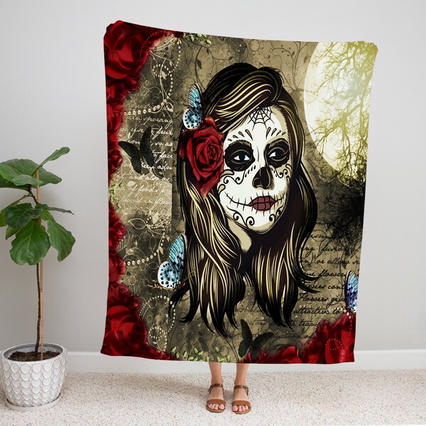 Floral Rose Sugar Skull Skeleton Girly Pattern Print Hooded Blanket