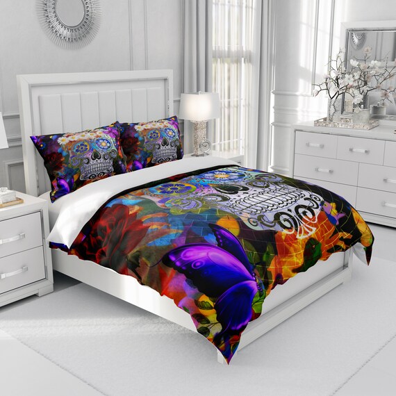 Skull Bedrrom Decor Sugar Skull Comforter Skull Duvet Cover Etsy
