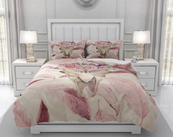 Pink Bull Skull Comforter, Duvet Cover Pillow Shams