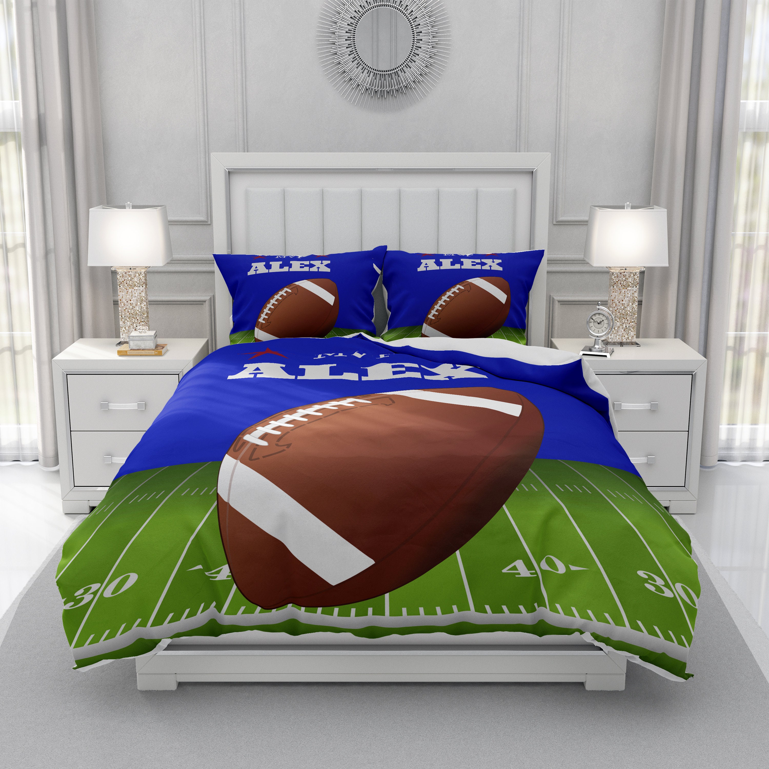 Personalized Youth Football Bedding Blue And Green Sports