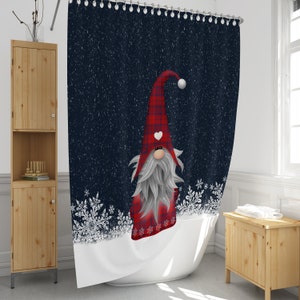 Holiday Shower Curtain , Buffalo Plaid Gnome , Christmas Bathroom Decor, Optional Bath Mat and Towels