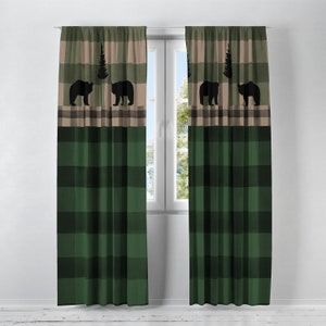 Plaid Woodland Window Curtains Rustic Lodge Bear