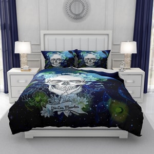 Navy Blue and Green Skull Comforter or Duvet Cover with Pillow Shams | Twin, Full, Queen, King Size