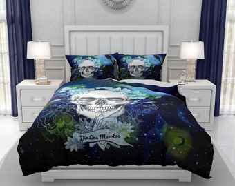 Navy Blue and Green Skull Comforter or Duvet Cover with Pillow Shams | Twin, Full, Queen, King Size