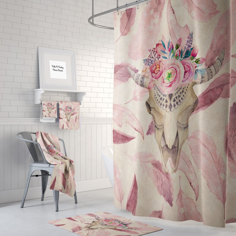 Pink Boho Shower Curtain Bull Skull Bathroom Decor Etsy