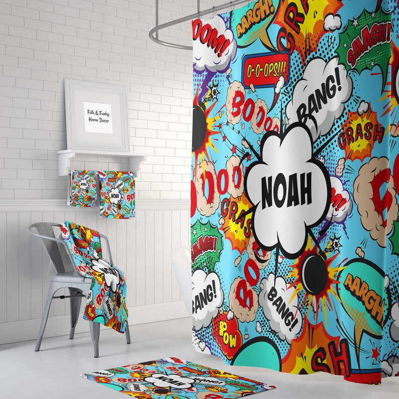 Shower Curtain Personalized Comic Book Sound Effects