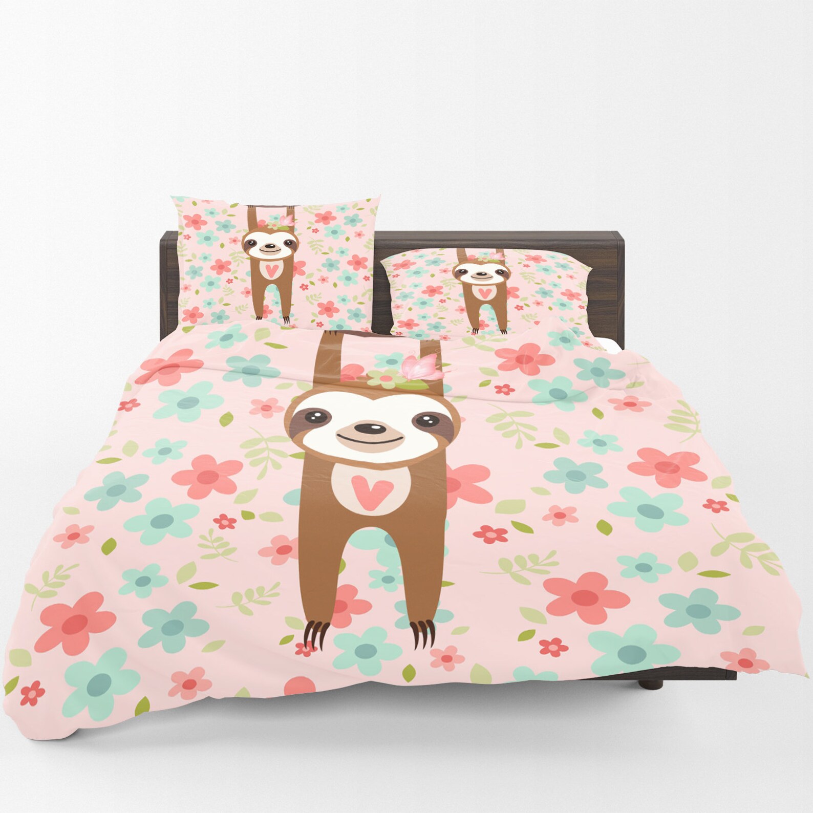 Pink Sloth Bedding Floral Comforter or Duvet Cover Set Etsy