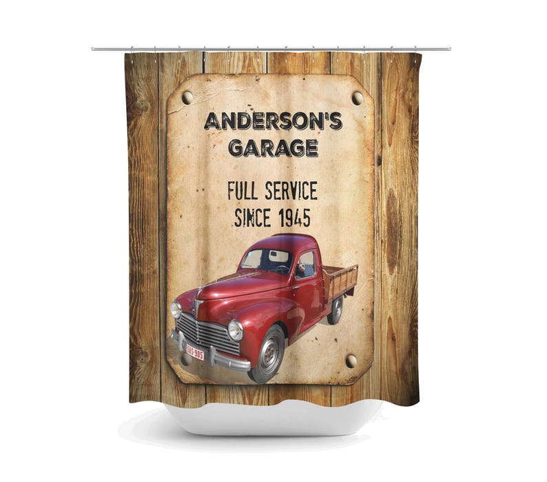 Personalized Vintage Red Truck Shower Curtain Bath Mat Image 0 1 2