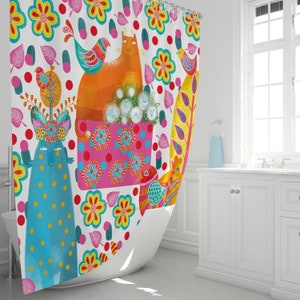 Cats & Birds Shower Curtain, Funky Folk Art Bathroom Decor
