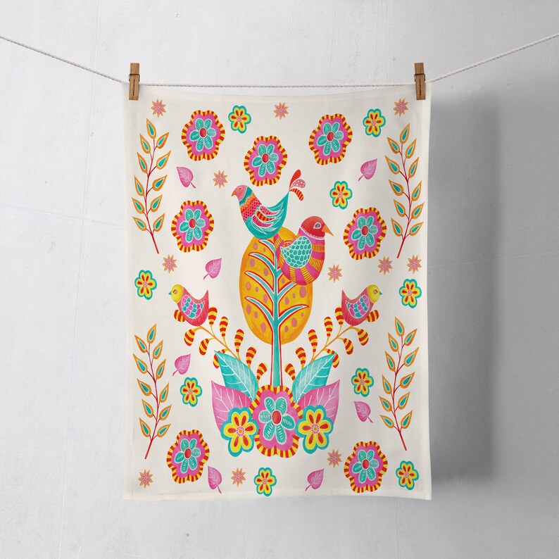 Pretty Bird Shower Curtain Colorful Folk Art Bathroom Decor Etsy