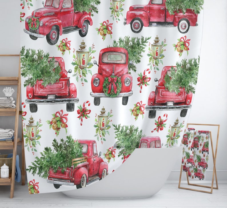 Red Truck Christmas Shower Curtain Holiday Shower Curtain Etsy