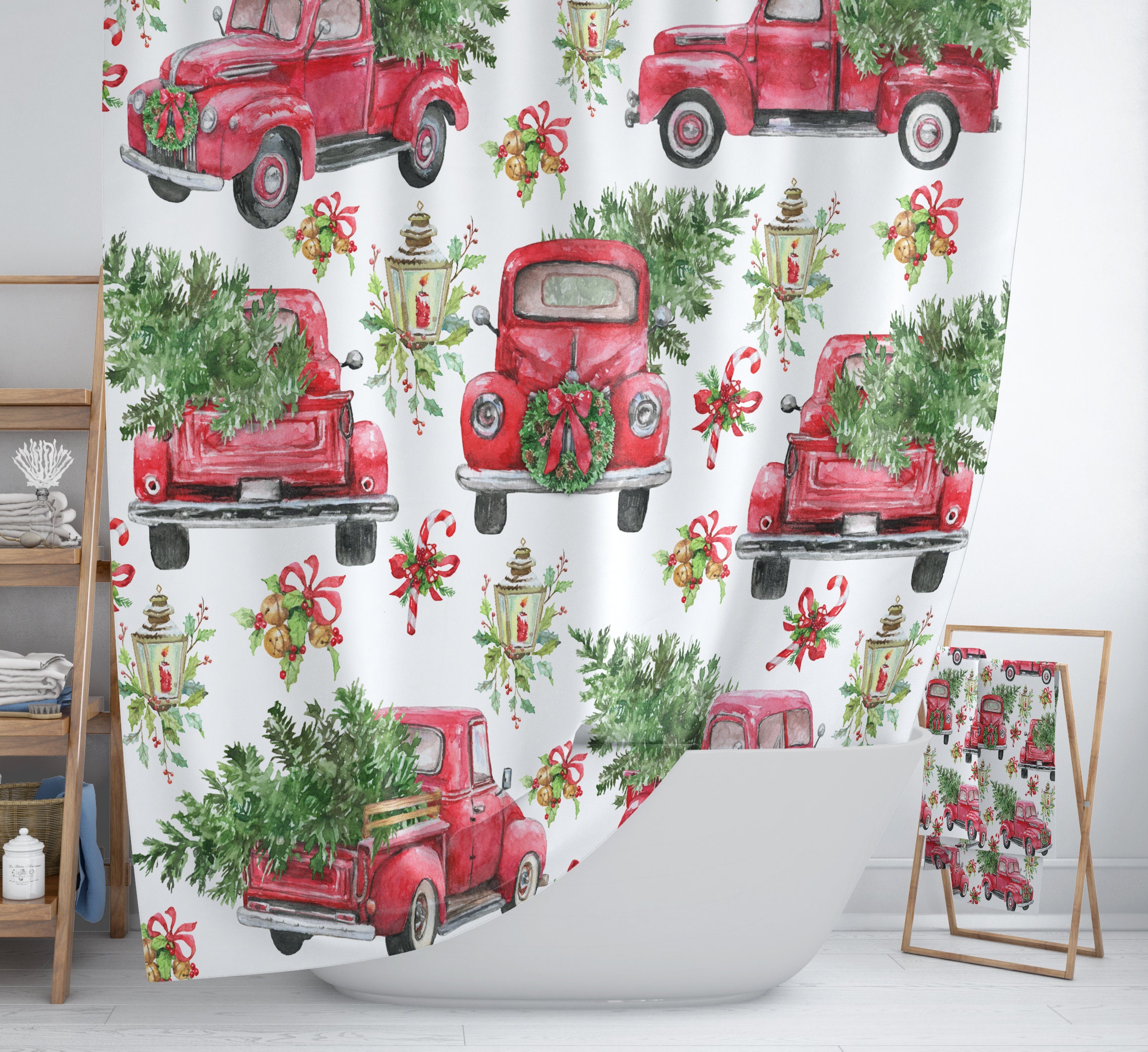 Red Truck Christmas Shower Curtain Holiday Shower Curtain Etsy