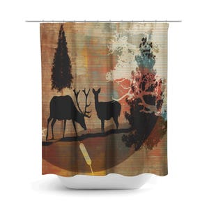 Woodland , Rustic Shower Curtain, Bath Mat, Towels, Deer, Forest Abstract image 2