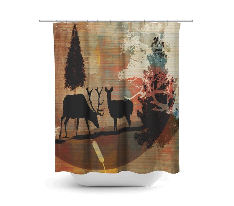Woodland , Rustic Shower Curtain, Bath Mat, Towels, Deer, Forest Abstract image 2