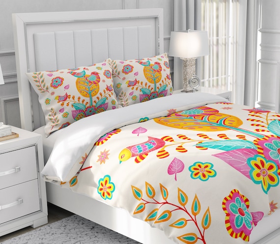 Folk Art Bedding Colorful Birds Duvet Cover Or Comforter Set Etsy