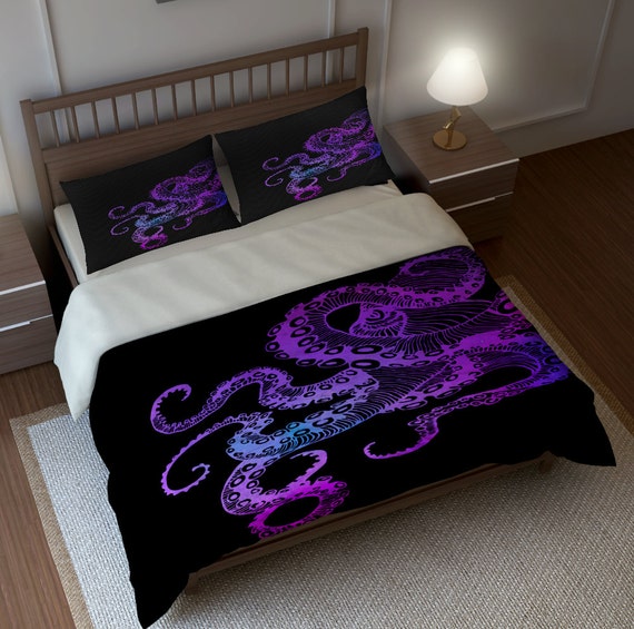 Octopus Bedding Duvet Cover Set Purple Color Crazy On Black Image 0