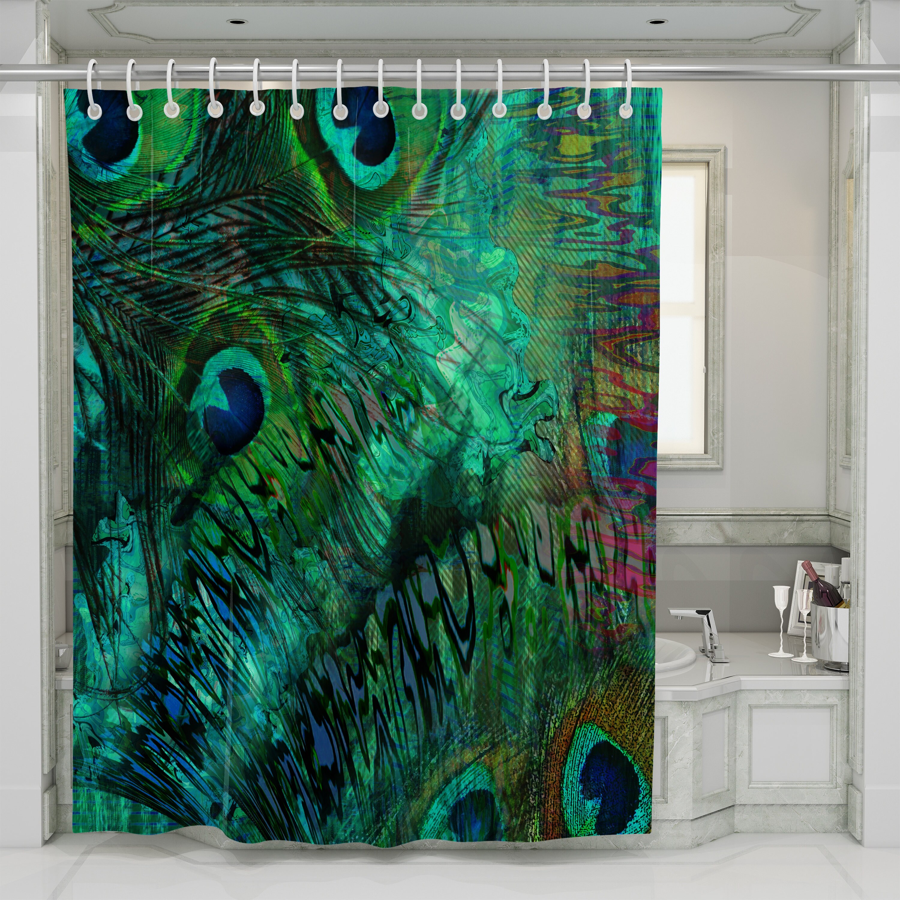Hand Painting Colorful Flowers Peacock Feather Shower Curtain Set Bathroom Decor 