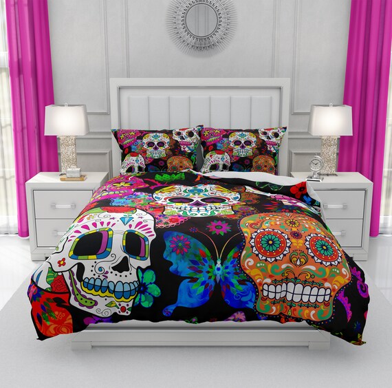 Multi Color Sugar Skull Comforter or Duvet Cover with Pillow Shams