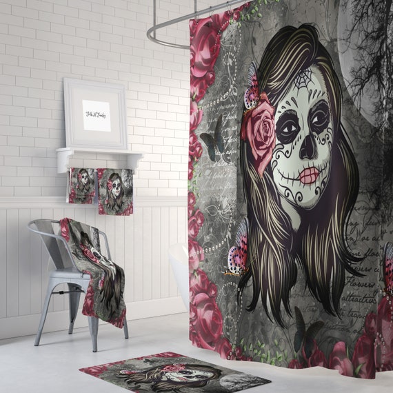 Items Similar To Sugar Skull Shower Curtain Day Of The Dead La Items Similar To Sugar Skull Shower Curtain Day Of The Dead La Rosa Girl Gray Roses Gothic Skulls Bath Towels Mat On