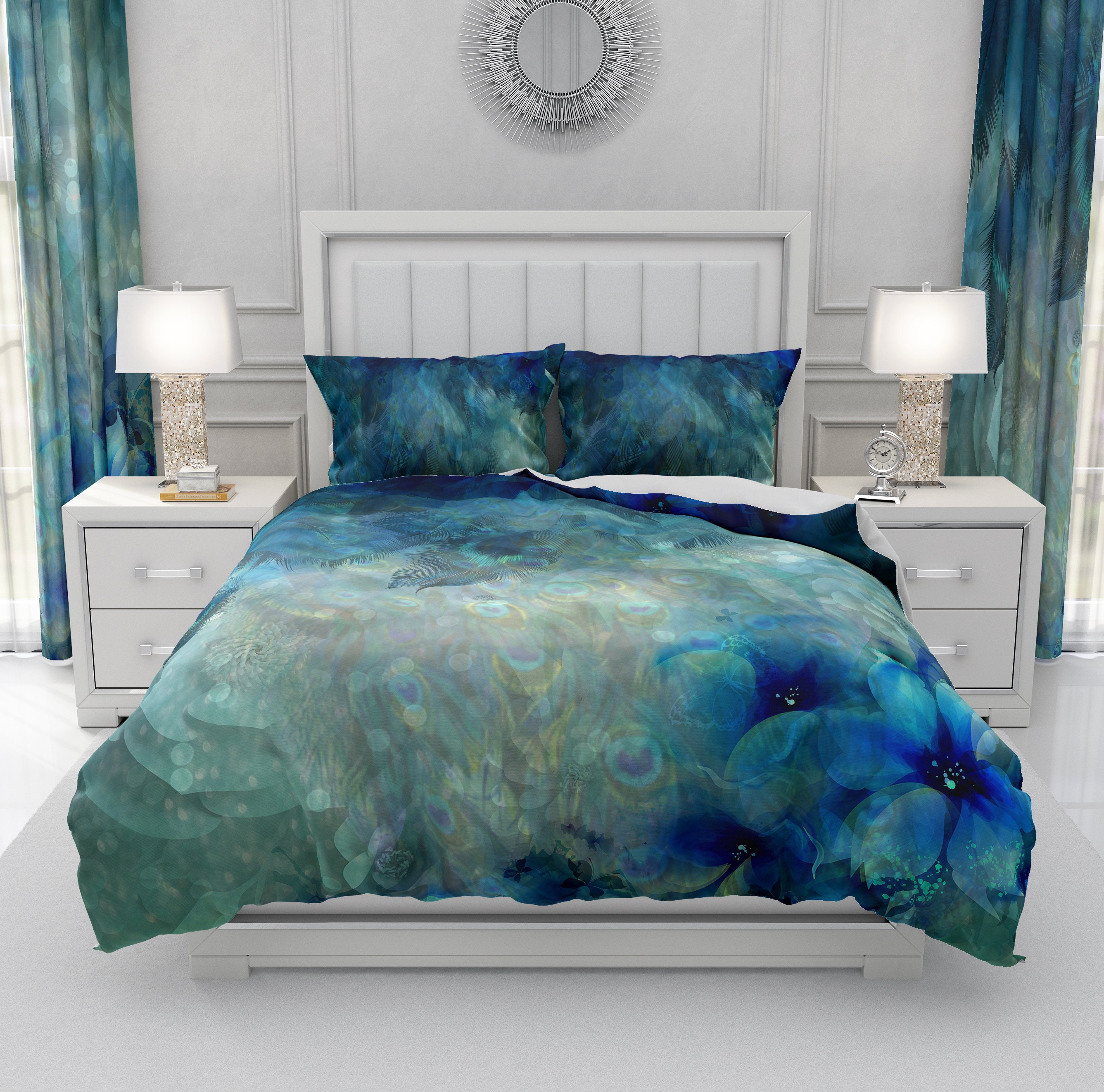 Misty Blue Peacock Comforter Duvet Cover Pillow Shams