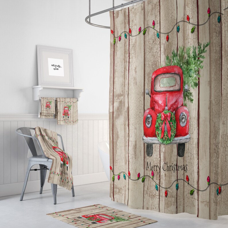 red-truck-home-decor-shower-curtain-optional-bathroom-set-etsy