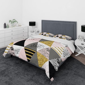 Comforter Set Pink , Gold, Black Geometric Folk and Funky