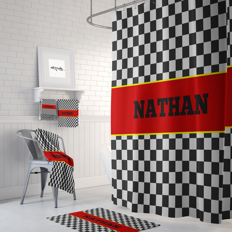 Personalized Shower Curtain Racing Checks Race Car Bathroom Etsy