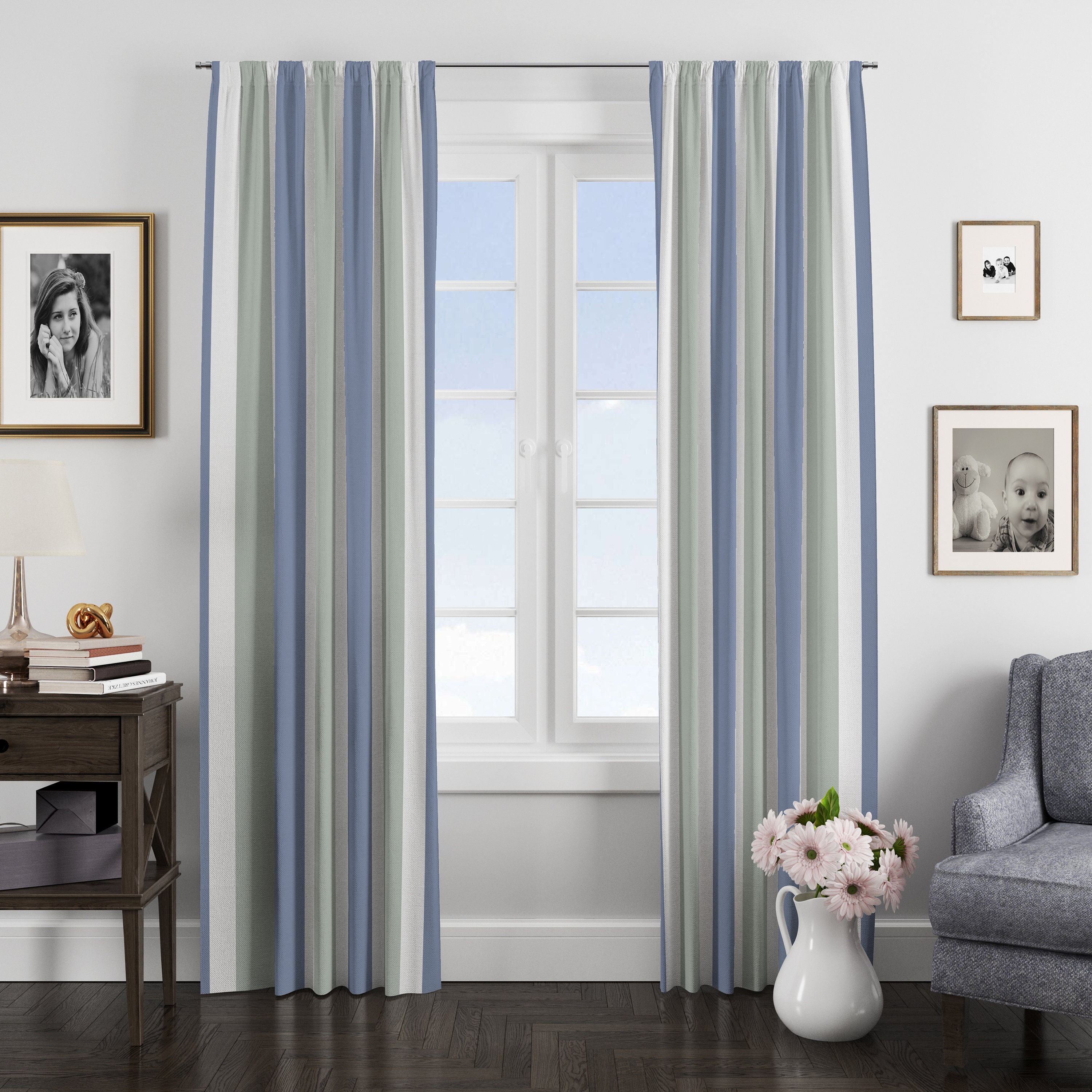 Blue striped curtains discount